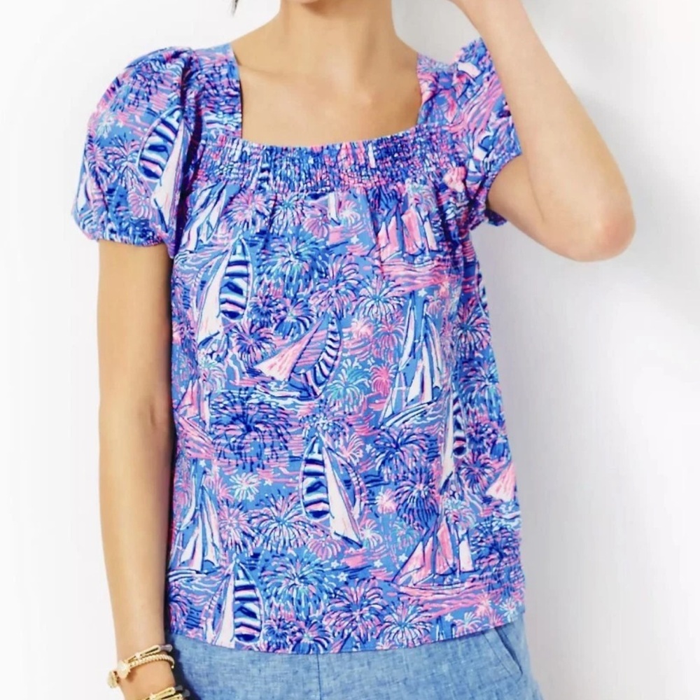 Lilly Pulitzer Keating Short Sleeve Linen Top Oca Blue Sailabration Sz 10-EUC